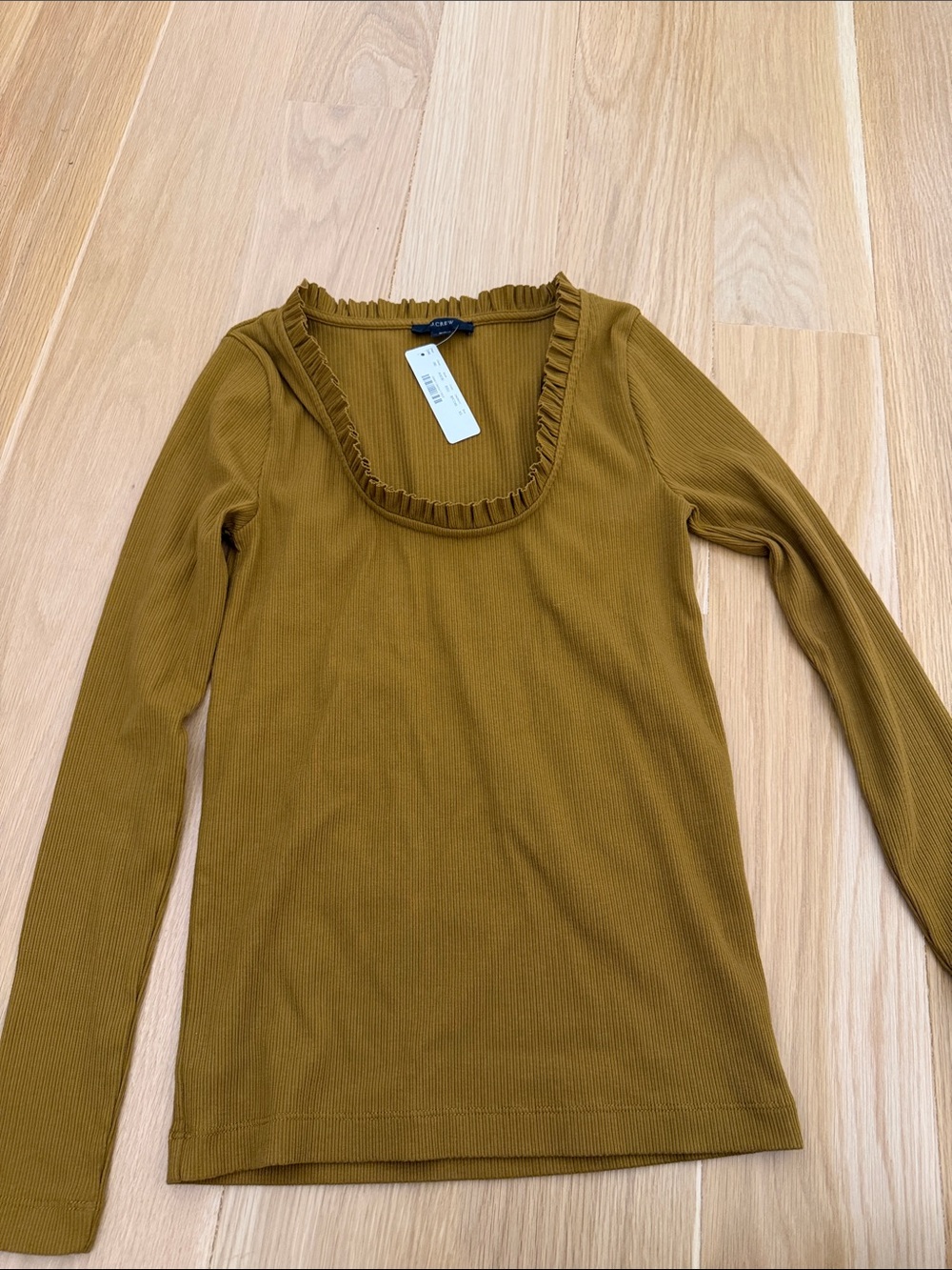 J. Crew Ruffle-Trim Ribbed Long Sleeve Top in Mustard/ olivey green
